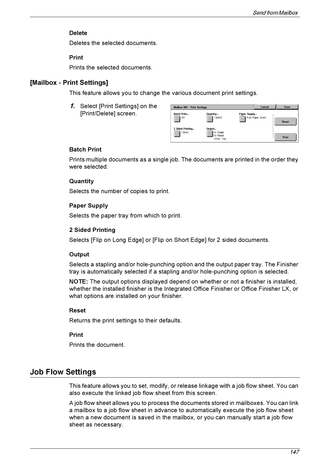 Xerox 5230 manual Job Flow Settings, Mailbox Print Settings 