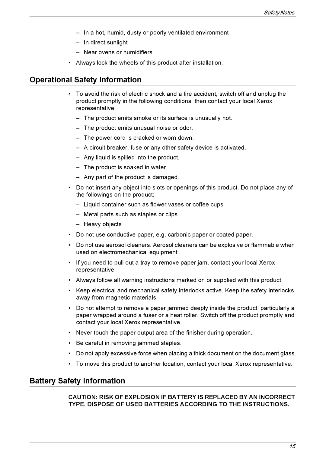 Xerox 5230 manual Operational Safety Information, Battery Safety Information 