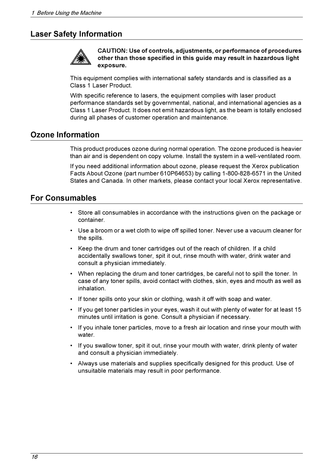 Xerox 5230 manual Laser Safety Information, Ozone Information, For Consumables 