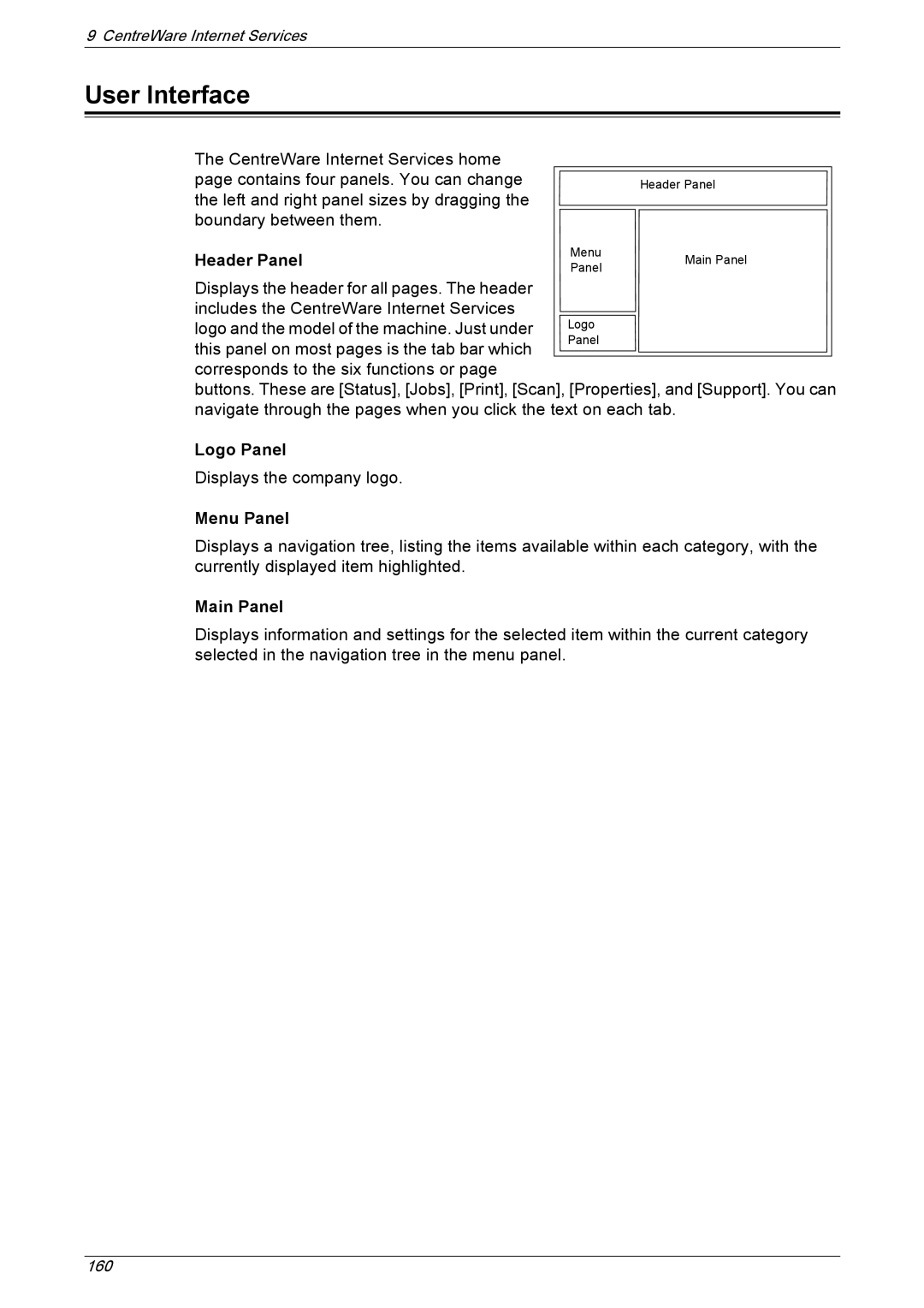 Xerox 5230 manual User Interface, Header Panel, Logo Panel, Menu Panel, Main Panel 