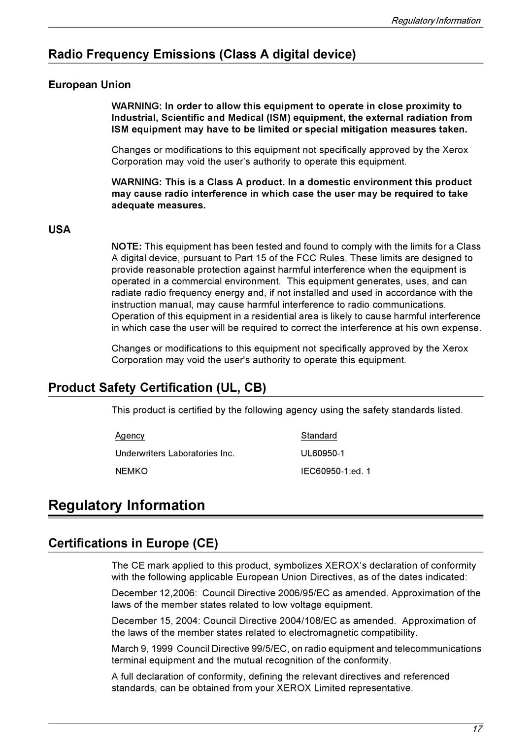 Xerox 5230 Regulatory Information, Radio Frequency Emissions Class a digital device, Product Safety Certification UL, CB 