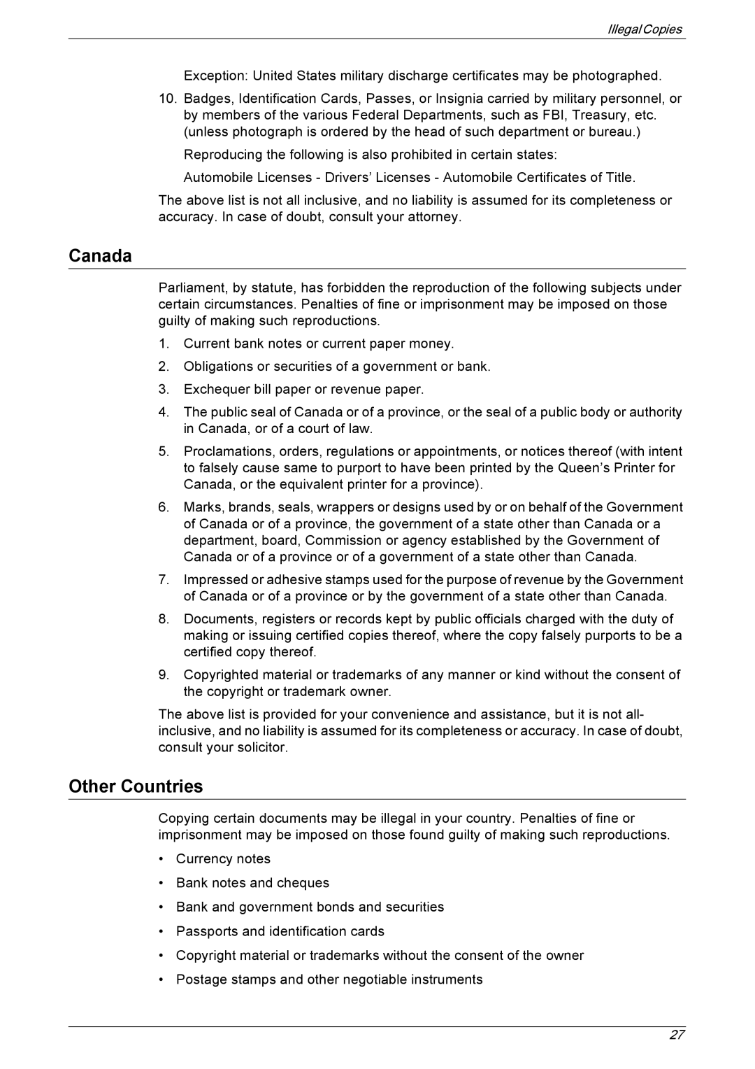 Xerox 5230 manual Canada, Other Countries 