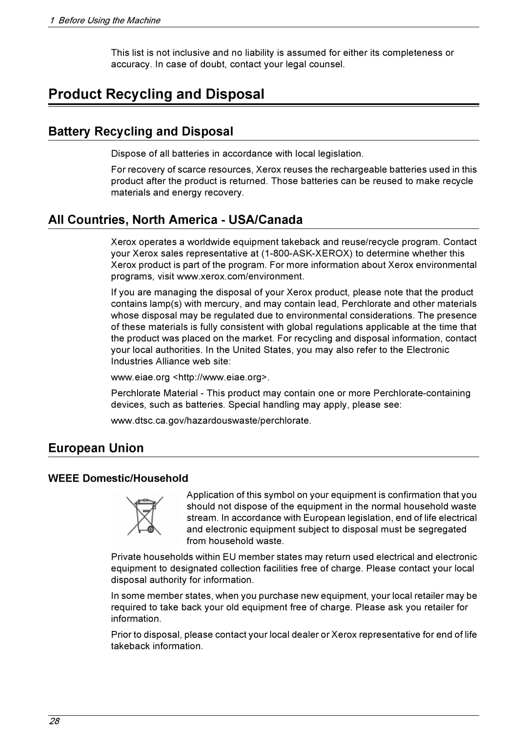 Xerox 5230 manual Product Recycling and Disposal, Battery Recycling and Disposal, All Countries, North America USA/Canada 