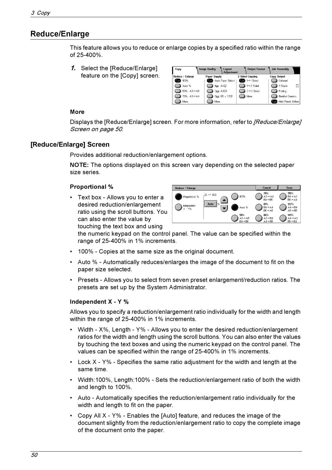 Xerox 5230 manual Reduce/Enlarge Screen, More, Proportional %, Independent X Y % 