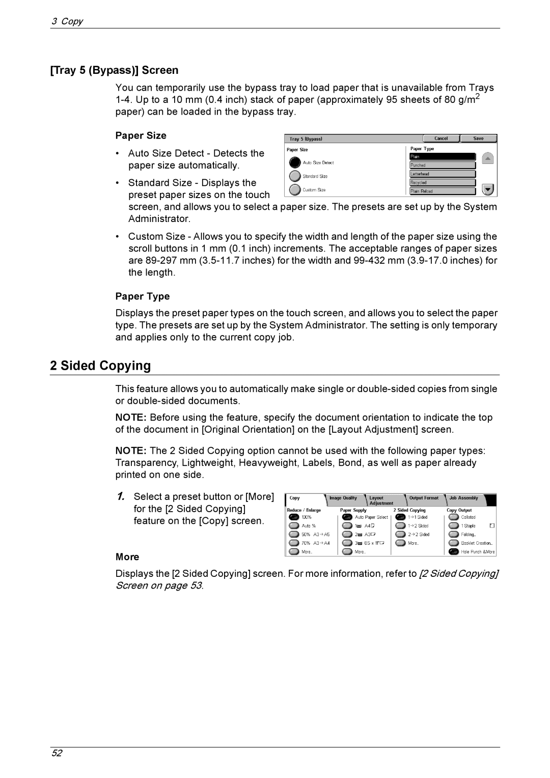 Xerox 5230 manual Sided Copying, Tray 5 Bypass Screen, Paper Size, Paper Type 