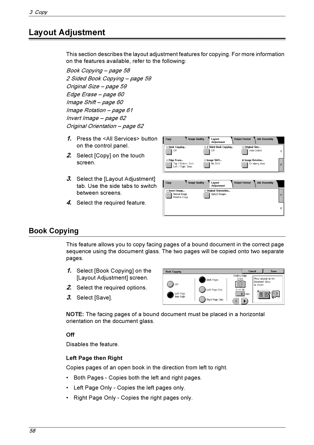 Xerox 5230 manual Layout Adjustment, Book Copying, Off, Left Page then Right 