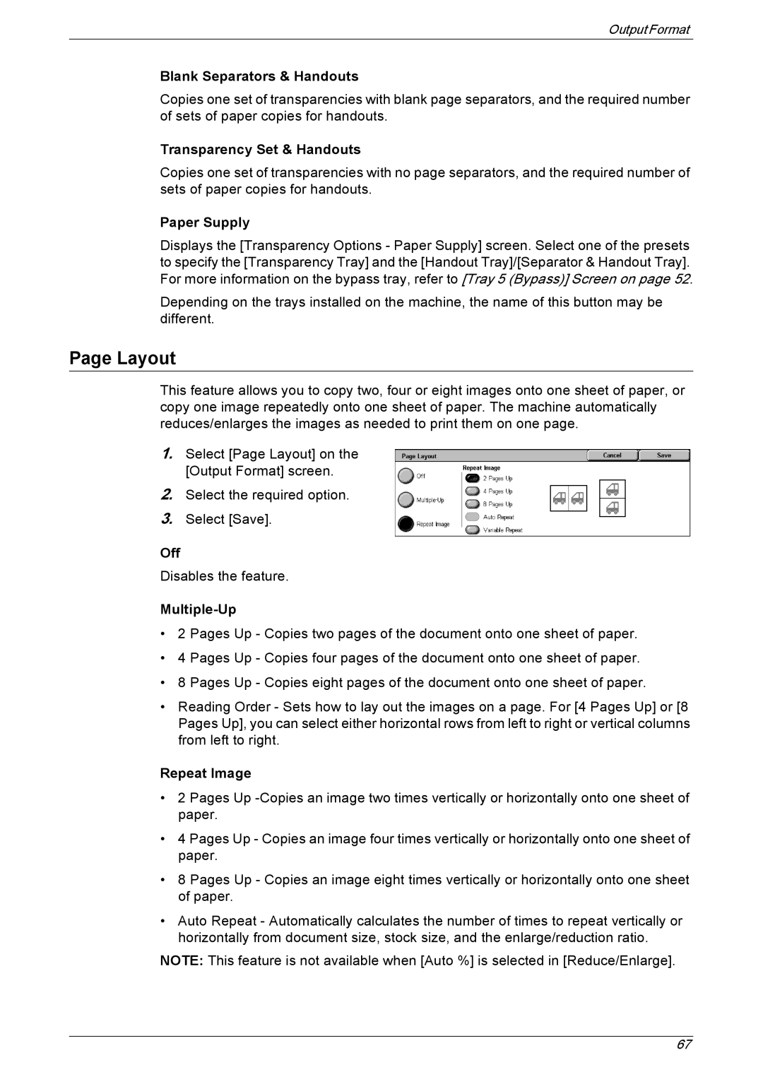 Xerox 5230 manual Layout, Blank Separators & Handouts, Transparency Set & Handouts, Multiple-Up, Repeat Image 