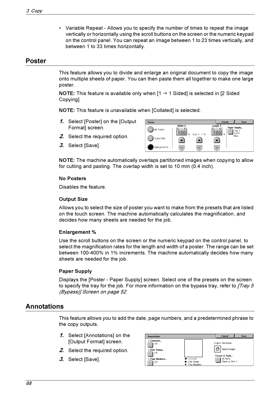 Xerox 5230 manual Annotations, No Posters, Output Size, Enlargement % 