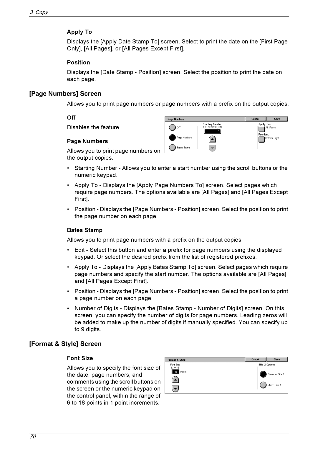 Xerox 5230 manual Numbers Screen, Format & Style Screen, Bates Stamp, Font Size 