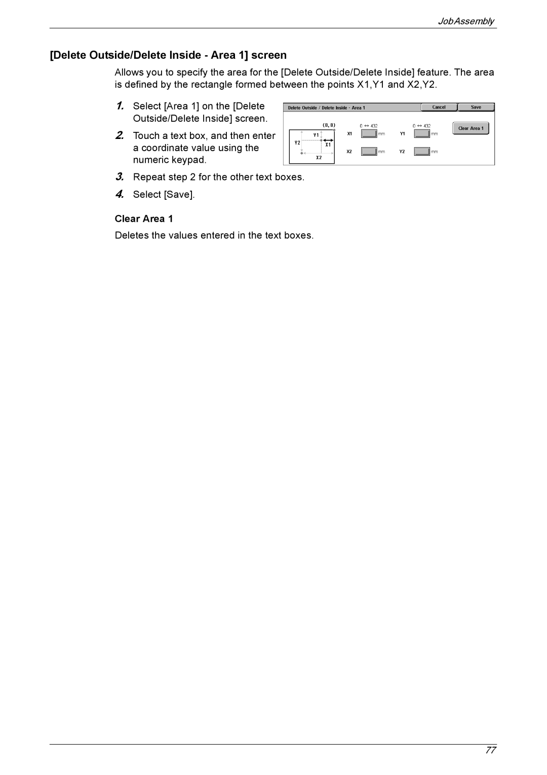 Xerox 5230 manual Delete Outside/Delete Inside Area 1 screen, Clear Area 