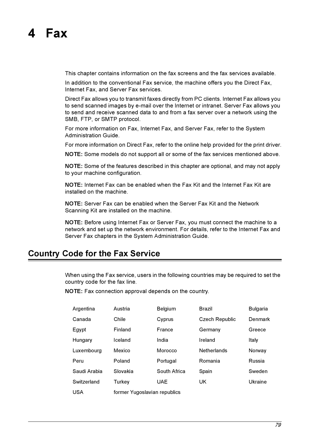 Xerox 5230 manual Country Code for the Fax Service 