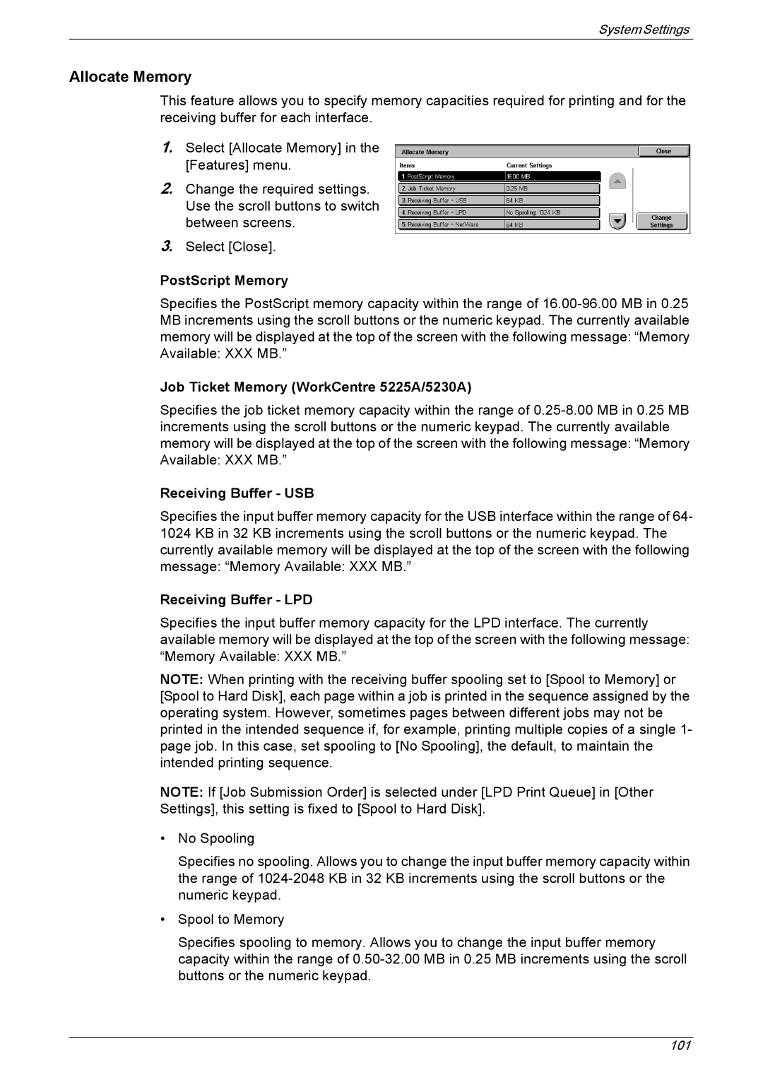 Xerox manual Allocate Memory, PostScript Memory, Job Ticket Memory WorkCentre 5225A/5230A, Receiving Buffer USB 