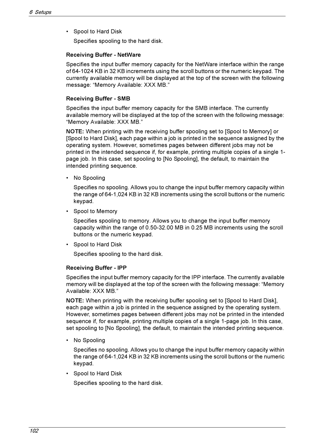 Xerox 5230A, 5225A manual Receiving Buffer NetWare, Receiving Buffer SMB, Receiving Buffer IPP 