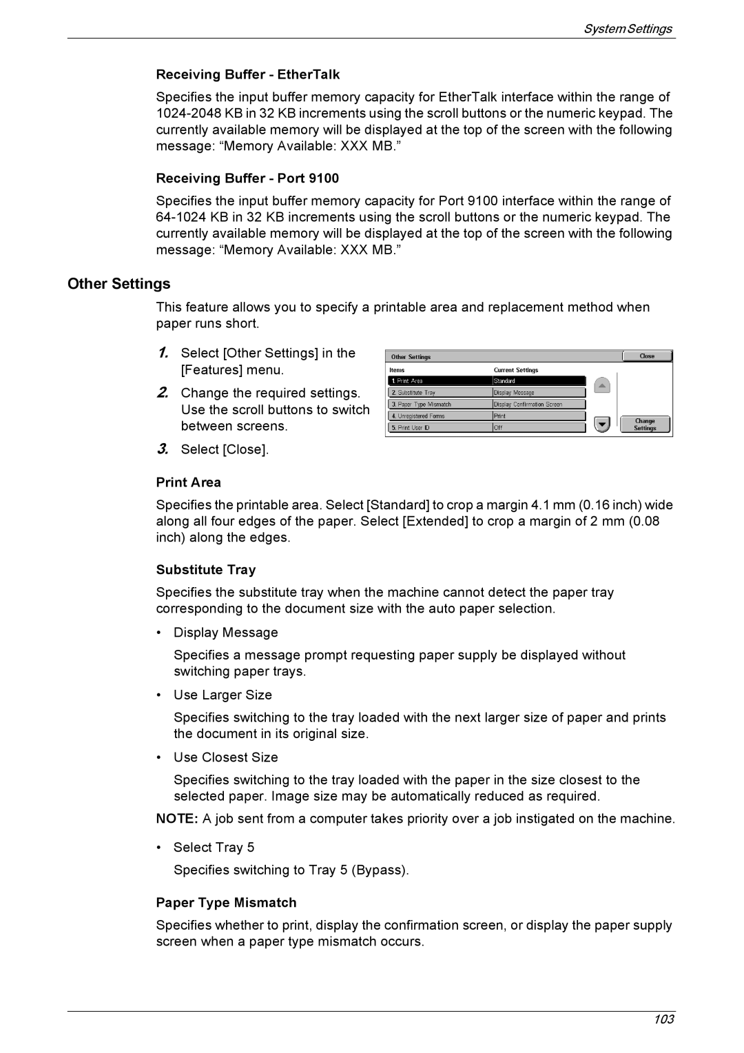 Xerox 5225A, 5230A Receiving Buffer EtherTalk, Receiving Buffer Port, Print Area, Substitute Tray, Paper Type Mismatch 