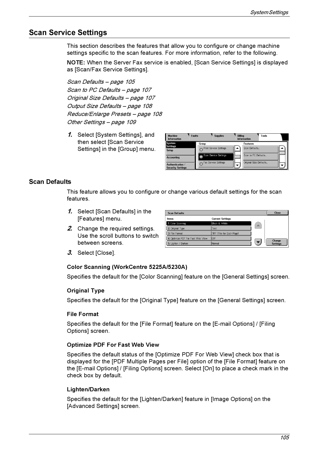 Xerox manual Scan Service Settings, Scan Defaults, Color Scanning WorkCentre 5225A/5230A, File Format 