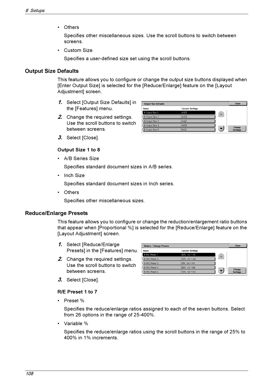 Xerox 5230A, 5225A manual Output Size Defaults, Output Size 1 to 