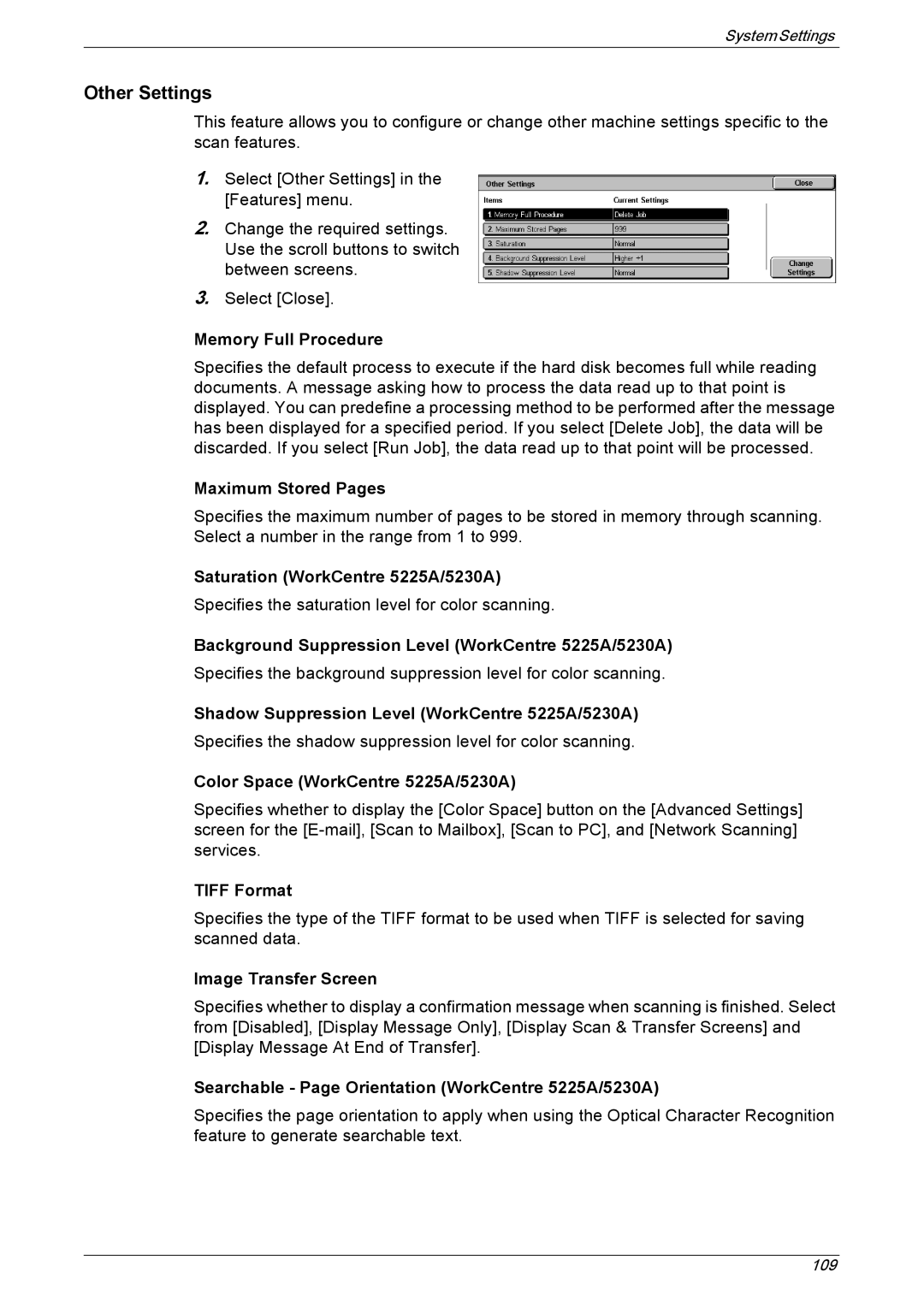 Xerox manual Saturation WorkCentre 5225A/5230A, Background Suppression Level WorkCentre 5225A/5230A, Tiff Format 