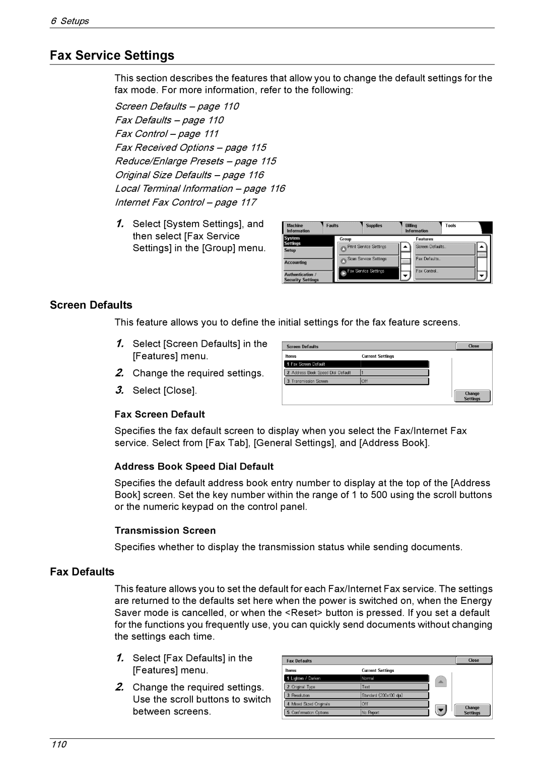 Xerox 5230A, 5225A manual Fax Service Settings, Screen Defaults, Fax Defaults 