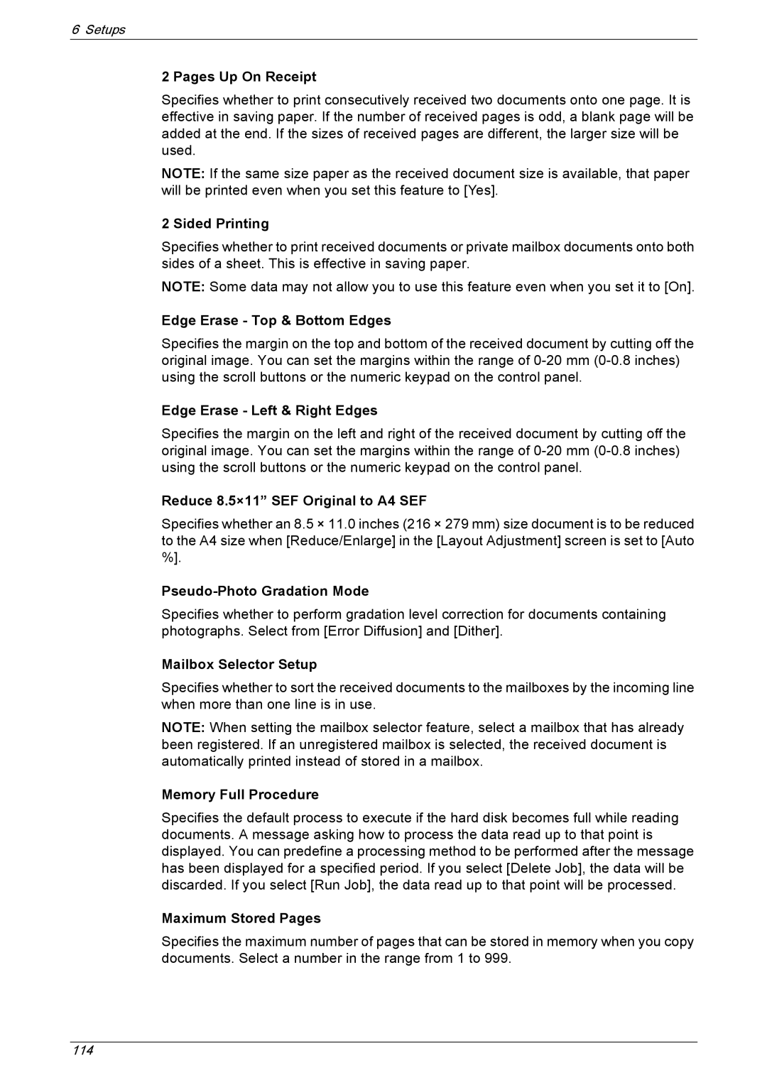 Xerox 5230A, 5225A manual Pages Up On Receipt, Sided Printing, Reduce 8.5×11 SEF Original to A4 SEF, Mailbox Selector Setup 