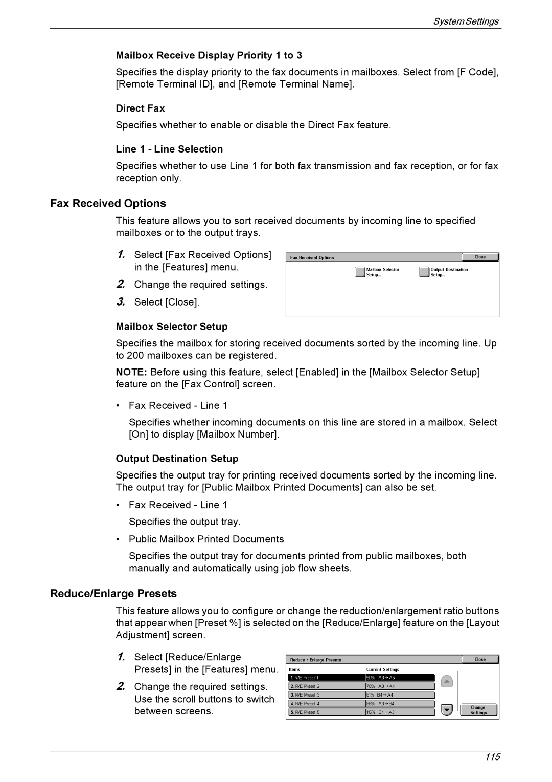 Xerox 5225A, 5230A manual Fax Received Options, Mailbox Receive Display Priority 1 to, Direct Fax, Line 1 Line Selection 