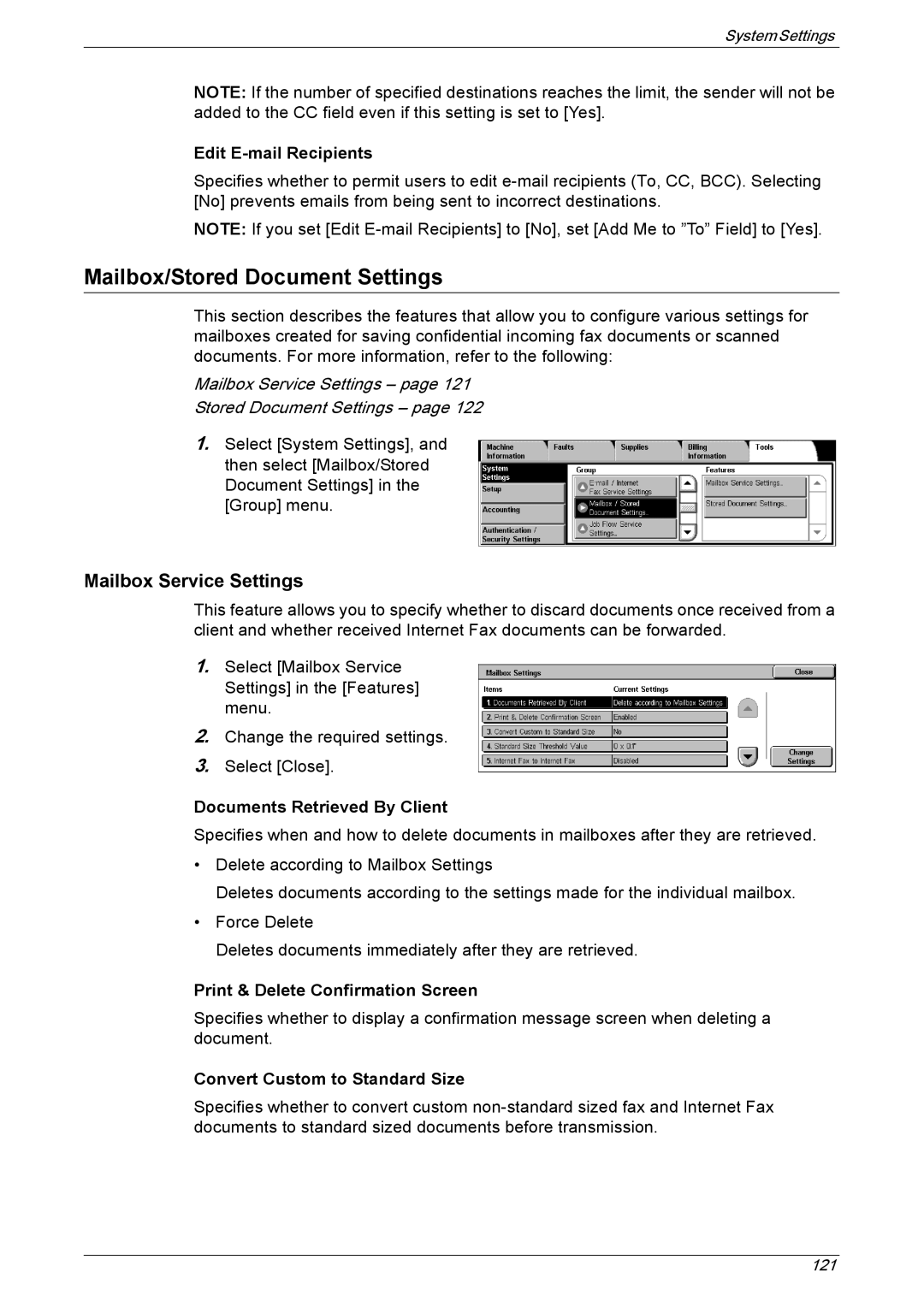 Xerox 5225A, 5230A manual Mailbox/Stored Document Settings, Mailbox Service Settings 