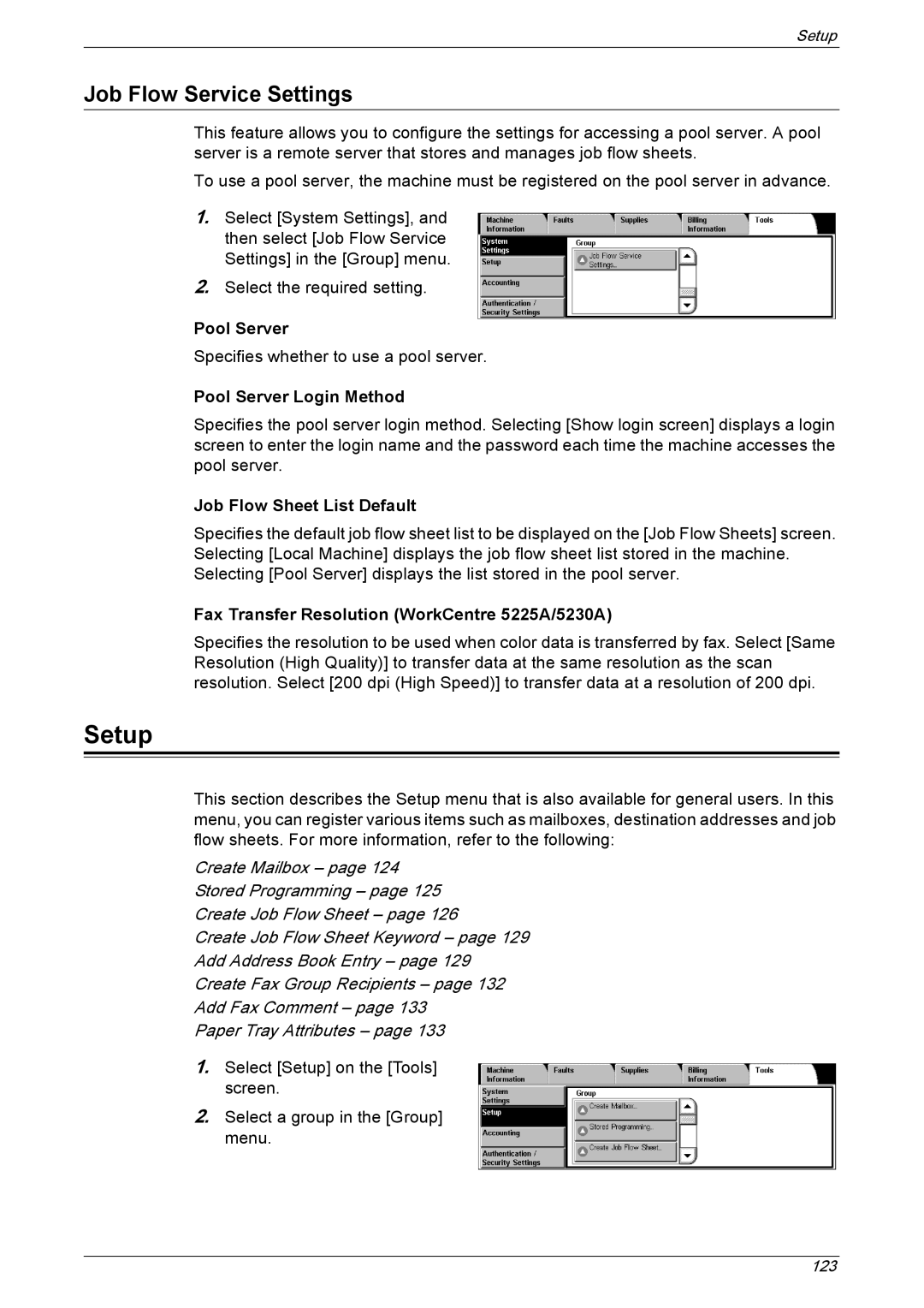 Xerox 5225A, 5230A manual Setup, Job Flow Service Settings 