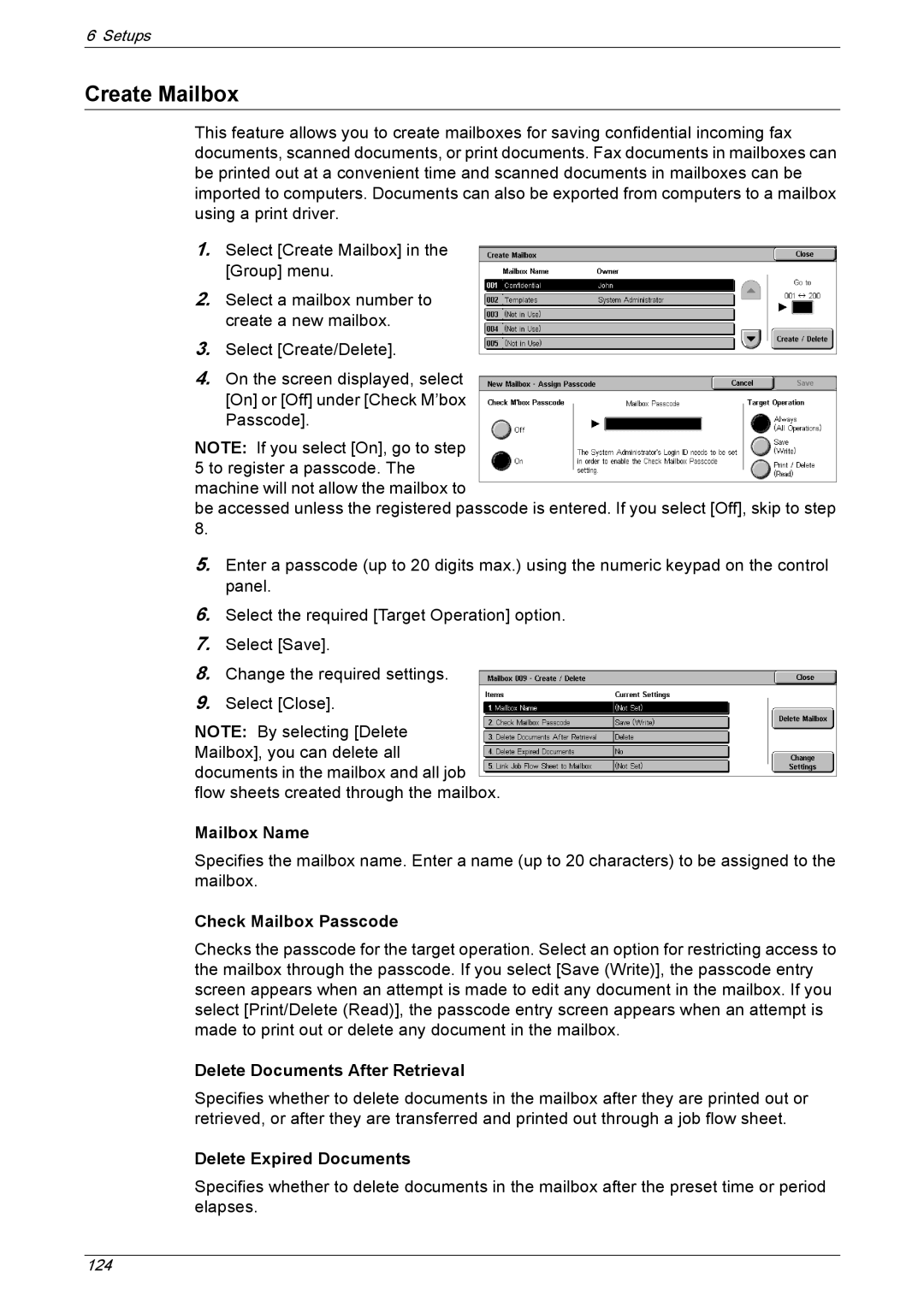 Xerox 5230A, 5225A manual Create Mailbox, Mailbox Name, Check Mailbox Passcode, Delete Documents After Retrieval 