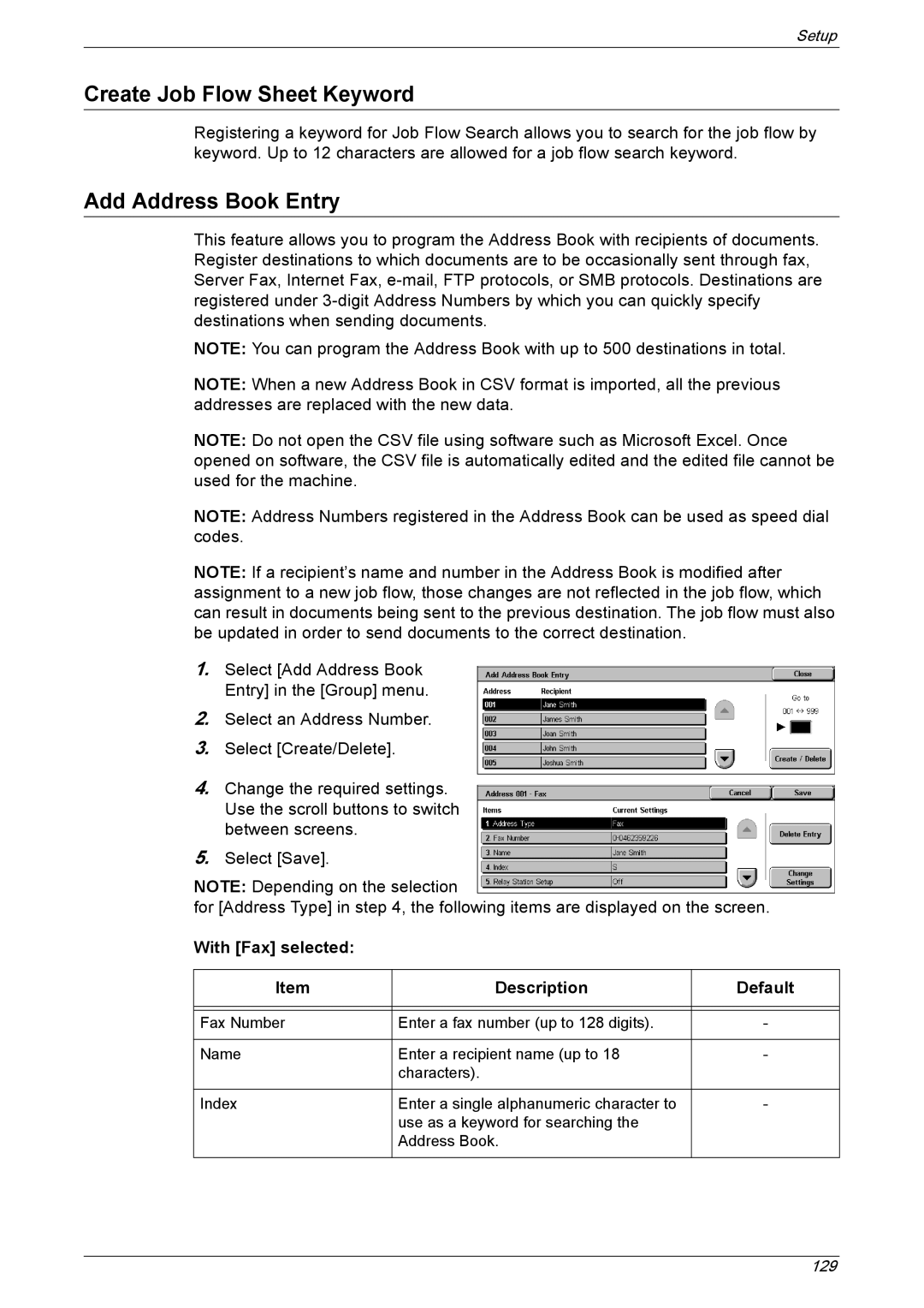 Xerox 5225A, 5230A manual Create Job Flow Sheet Keyword, Add Address Book Entry, With Fax selected Description Default 