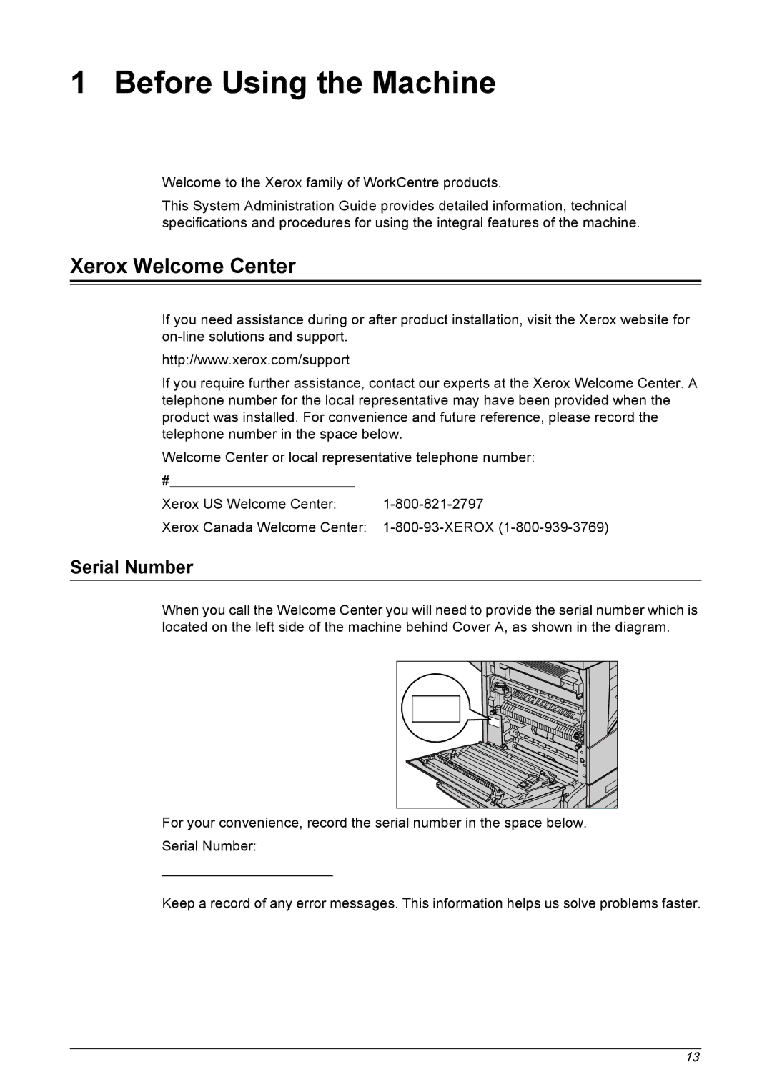 Xerox 5225A, 5230A manual Xerox Welcome Center, Serial Number 