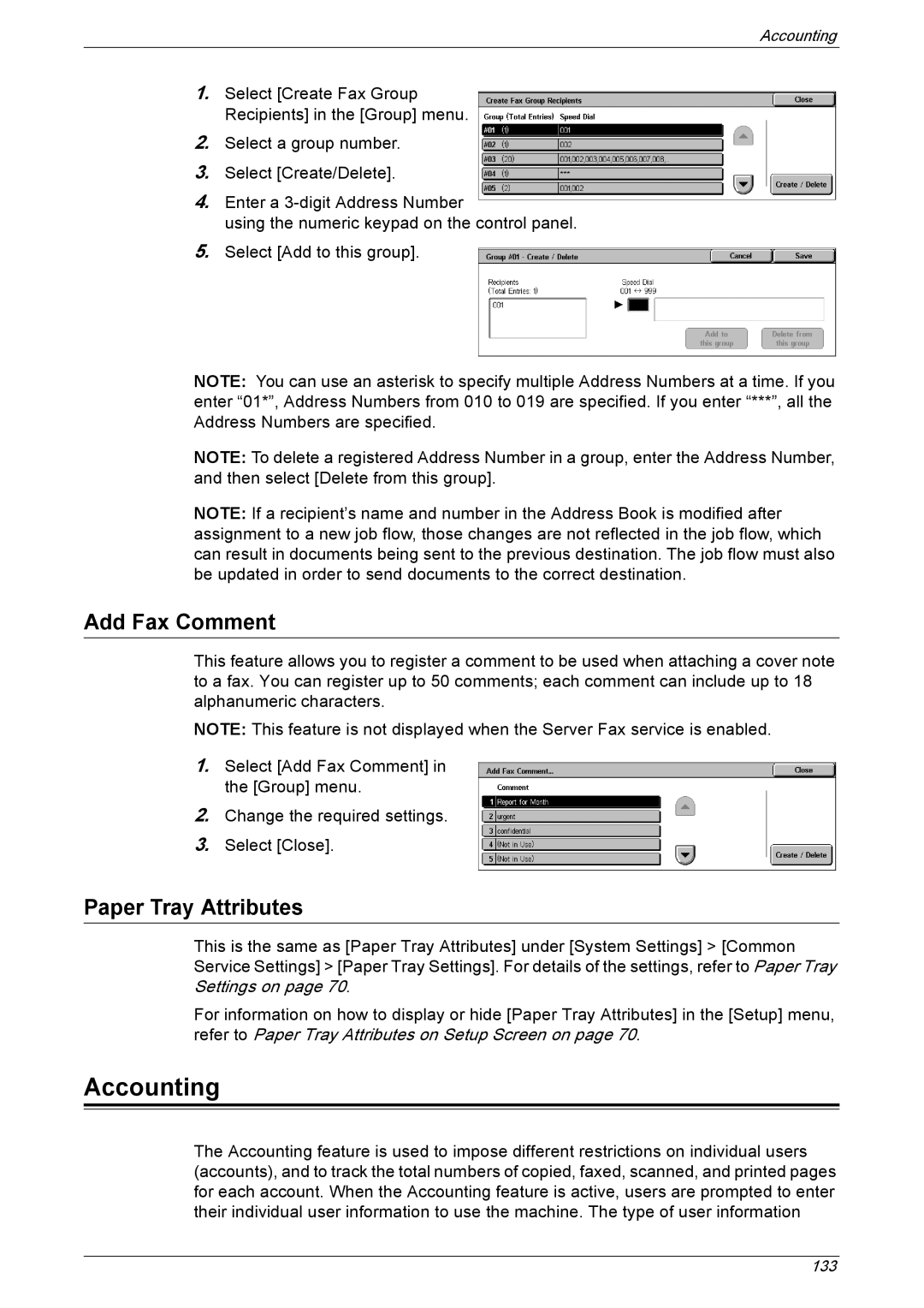 Xerox 5225A, 5230A manual Accounting, Add Fax Comment, Paper Tray Attributes 