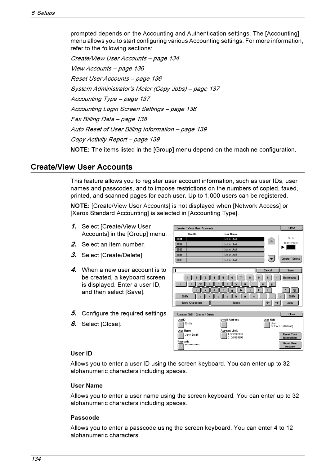 Xerox 5230A, 5225A manual Create/View User Accounts, User ID, User Name, Passcode 