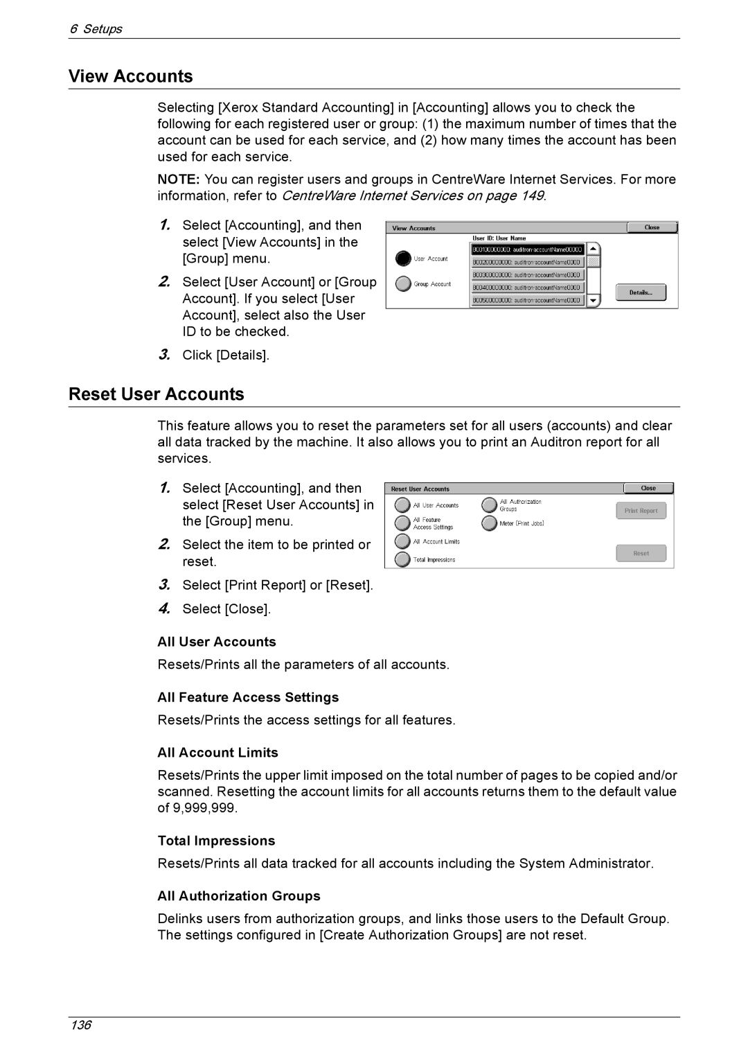 Xerox 5230A, 5225A manual View Accounts, Reset User Accounts 