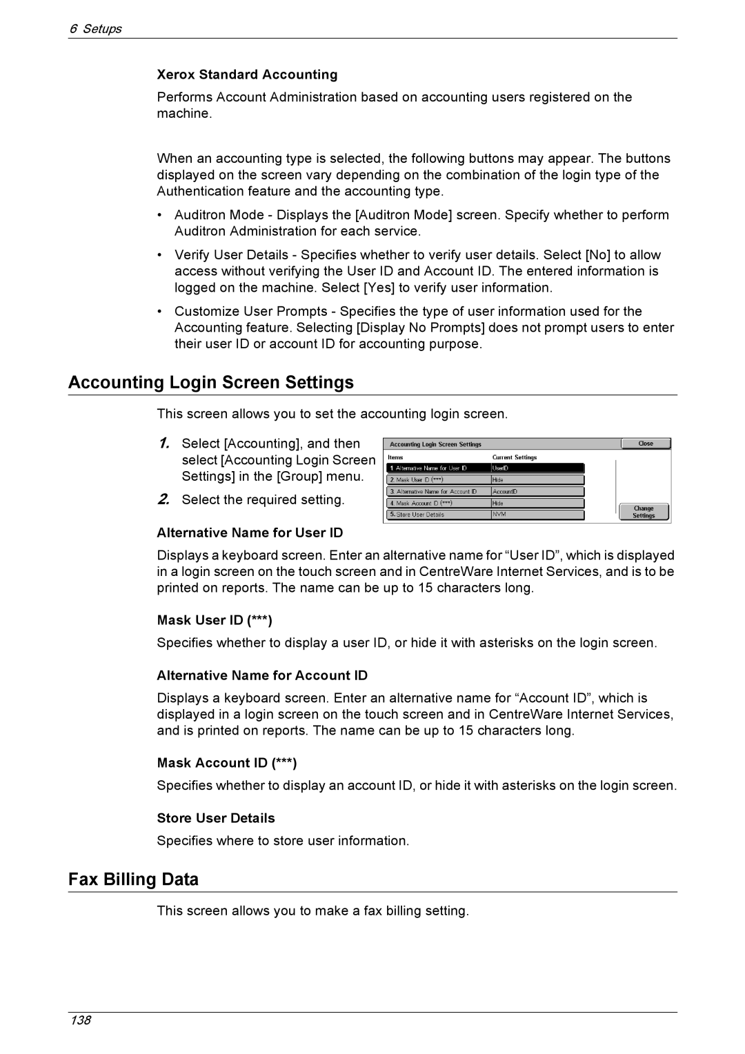 Xerox 5230A, 5225A manual Accounting Login Screen Settings, Fax Billing Data 