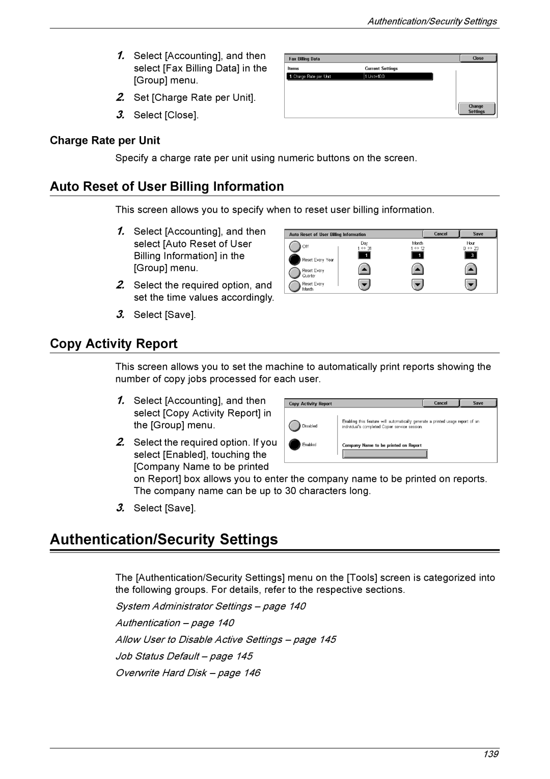 Xerox 5225A, 5230A manual Authentication/Security Settings, Auto Reset of User Billing Information, Copy Activity Report 