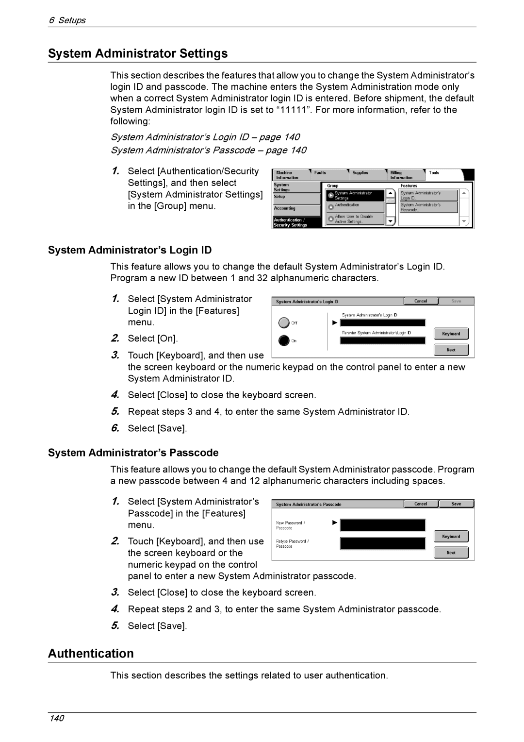 Xerox 5230A, 5225A manual System Administrator Settings, Authentication, System Administrator’s Login ID 