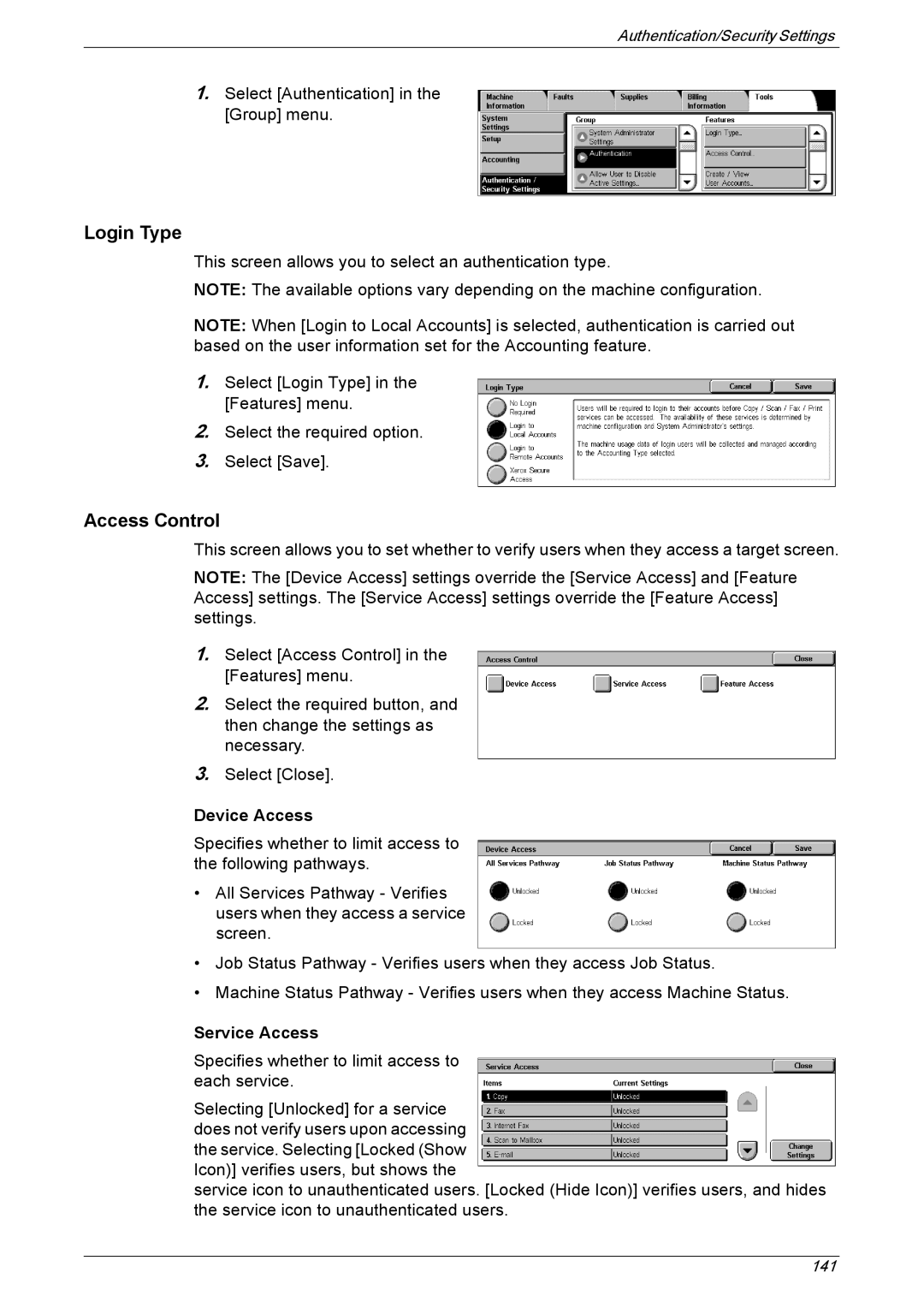 Xerox 5225A, 5230A manual Login Type, Access Control, Device Access, Service Access 