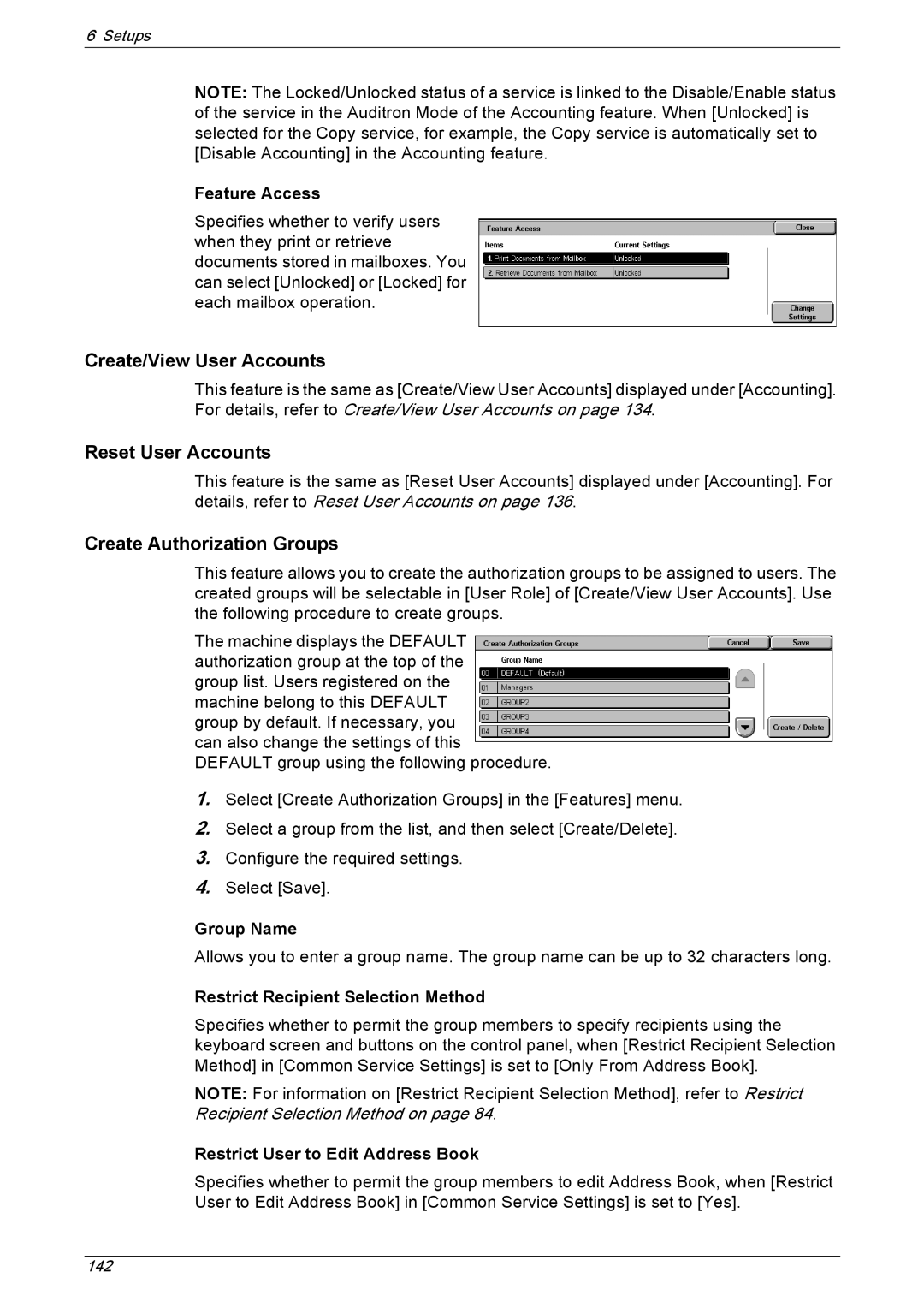 Xerox 5230A, 5225A Create/View User Accounts, Reset User Accounts, Create Authorization Groups, Feature Access, Group Name 