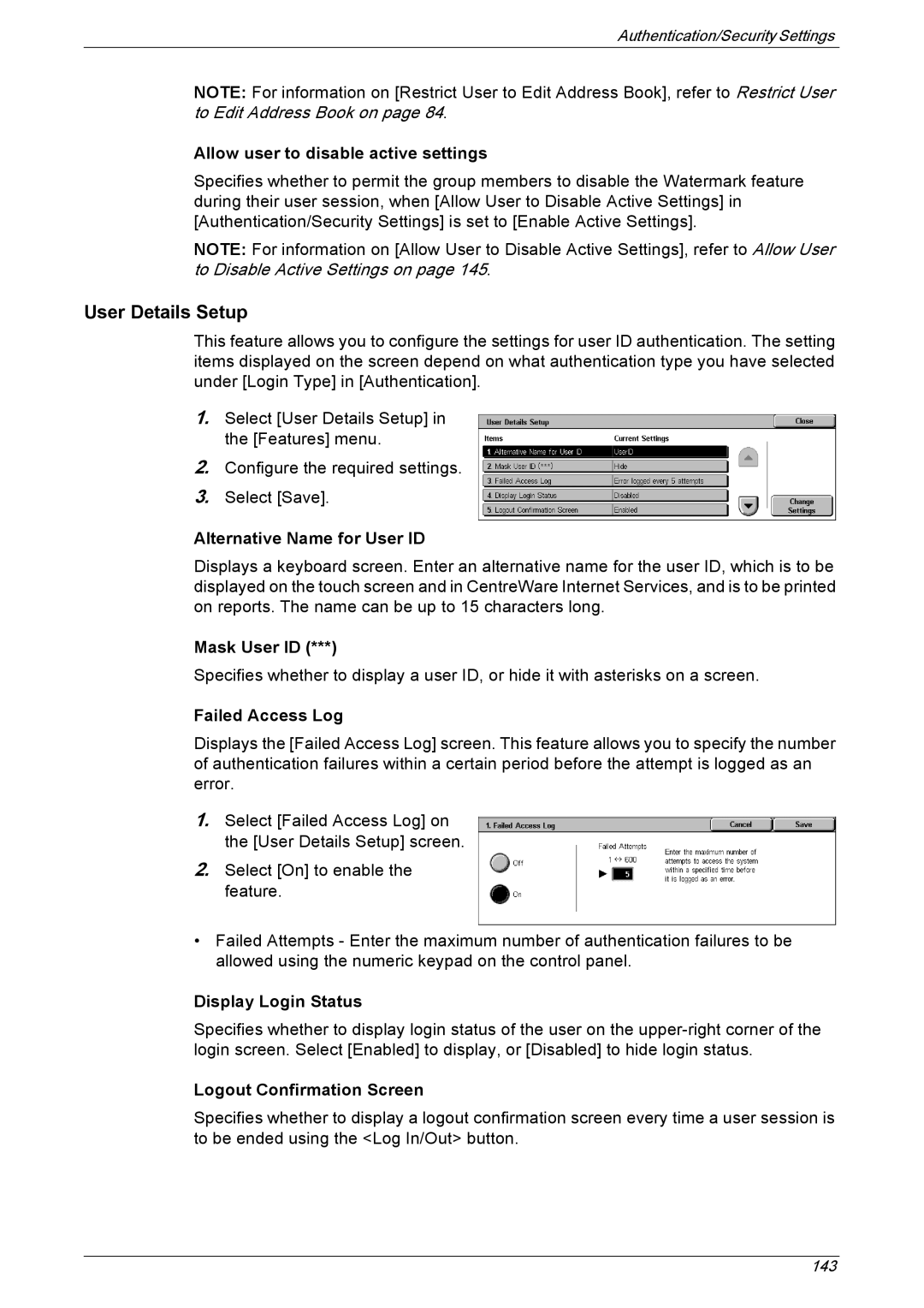 Xerox 5225A, 5230A manual User Details Setup, Allow user to disable active settings, Failed Access Log, Display Login Status 