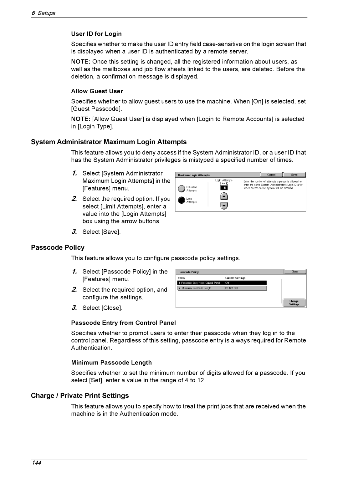 Xerox 5230A, 5225A manual System Administrator Maximum Login Attempts, Passcode Policy, Charge / Private Print Settings 