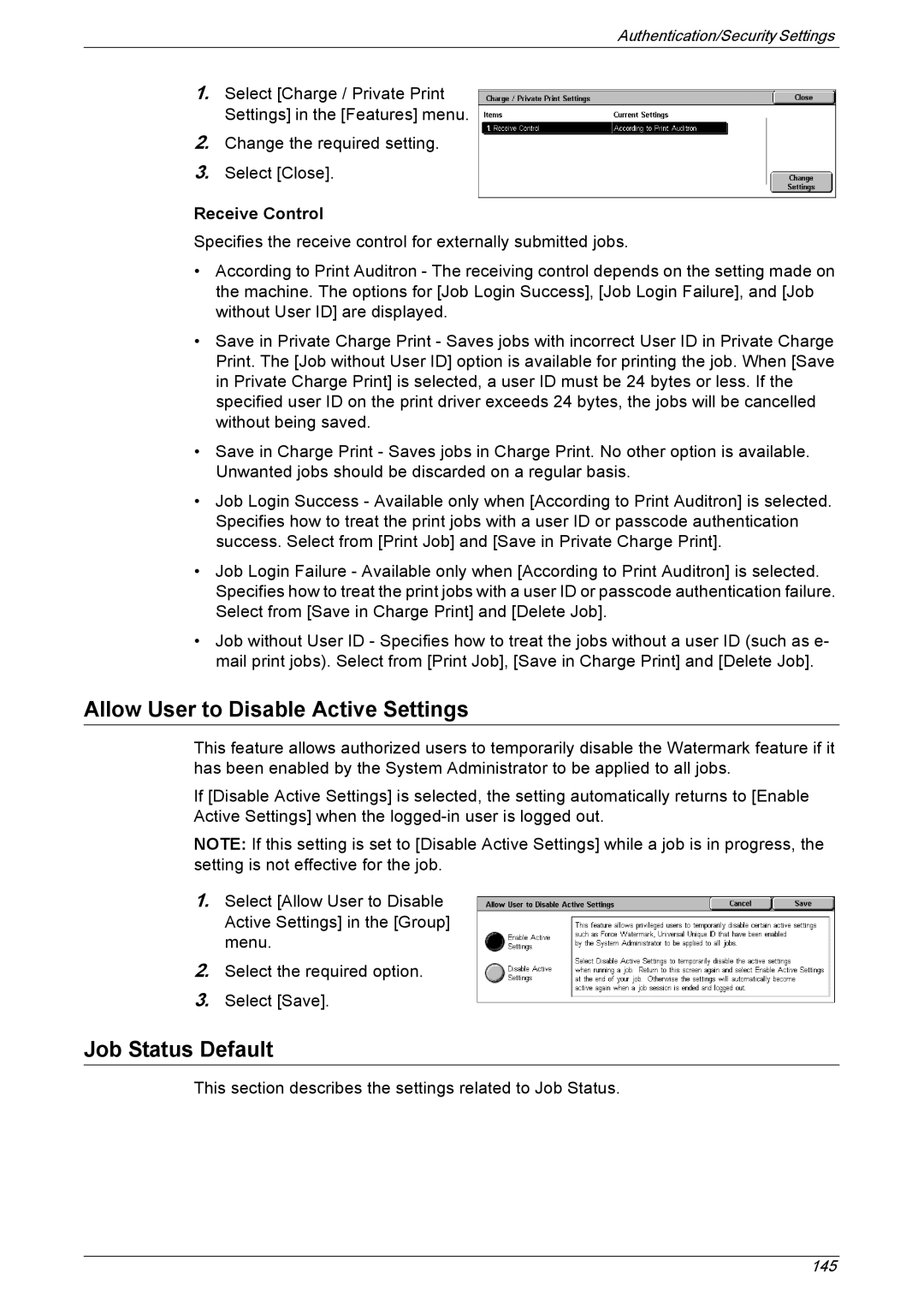 Xerox 5225A, 5230A manual Allow User to Disable Active Settings, Job Status Default, Receive Control 