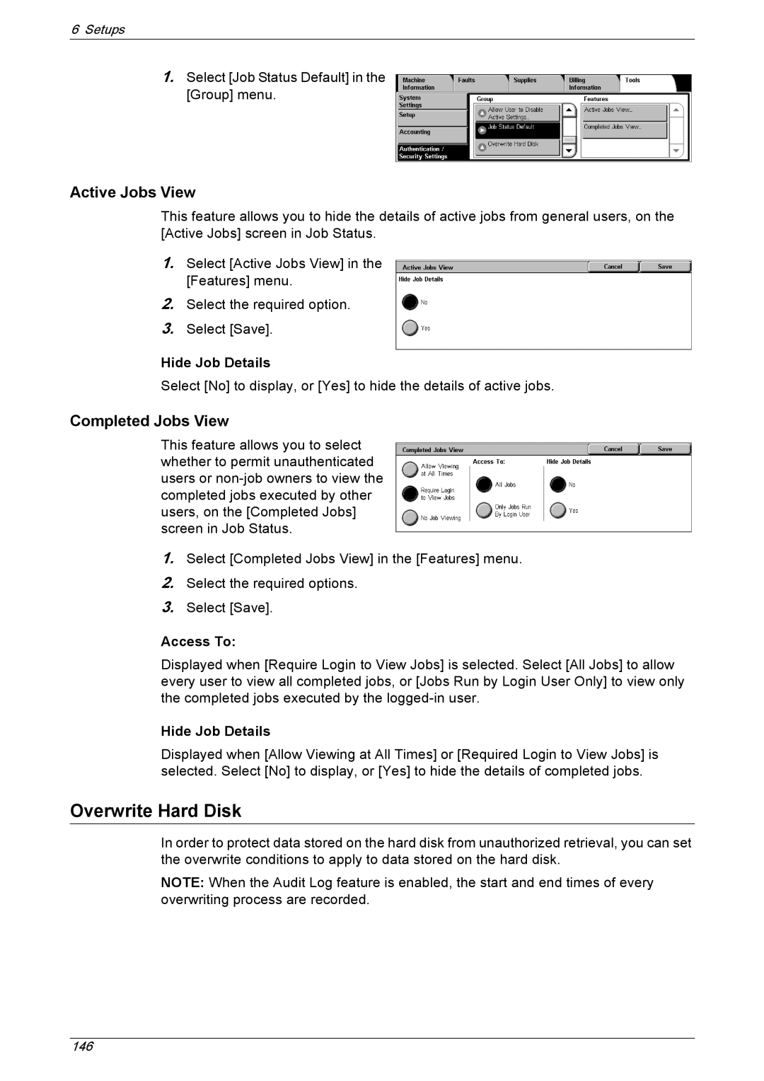 Xerox 5230A, 5225A manual Active Jobs View, Completed Jobs View, Hide Job Details, Access To 