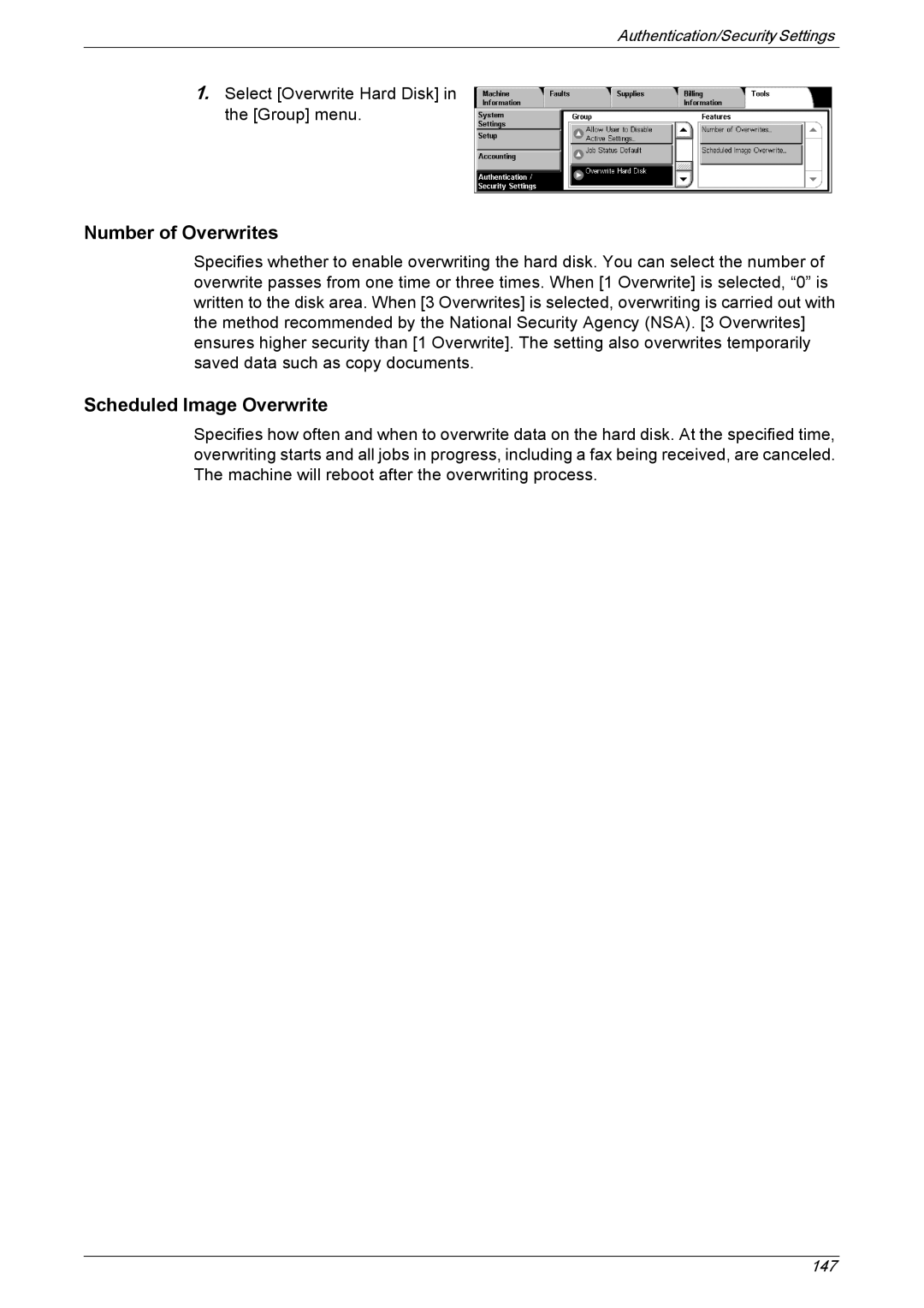 Xerox 5225A, 5230A manual Number of Overwrites, Scheduled Image Overwrite 