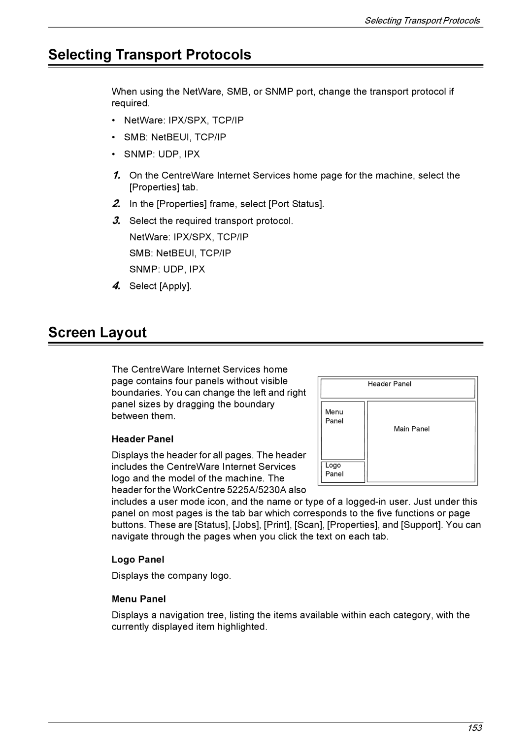 Xerox 5225A, 5230A manual Selecting Transport Protocols, Screen Layout, Header Panel, Logo Panel, Menu Panel 