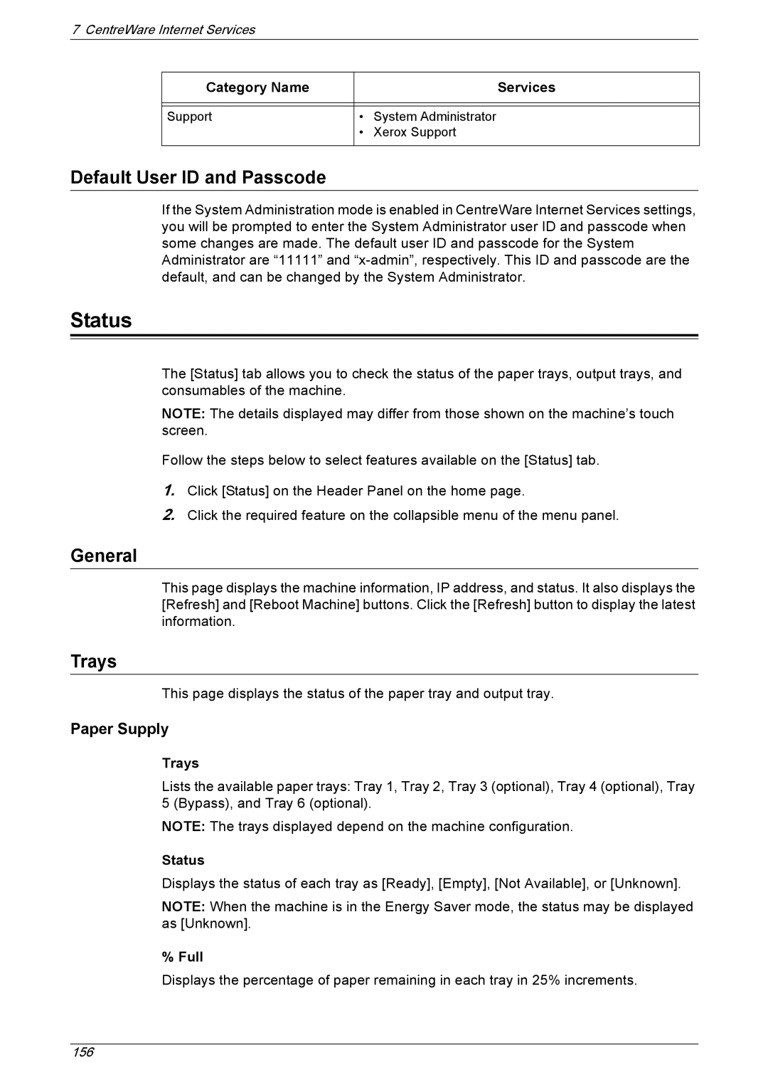 Xerox 5230A, 5225A manual Status, Default User ID and Passcode, General, Trays, Paper Supply 