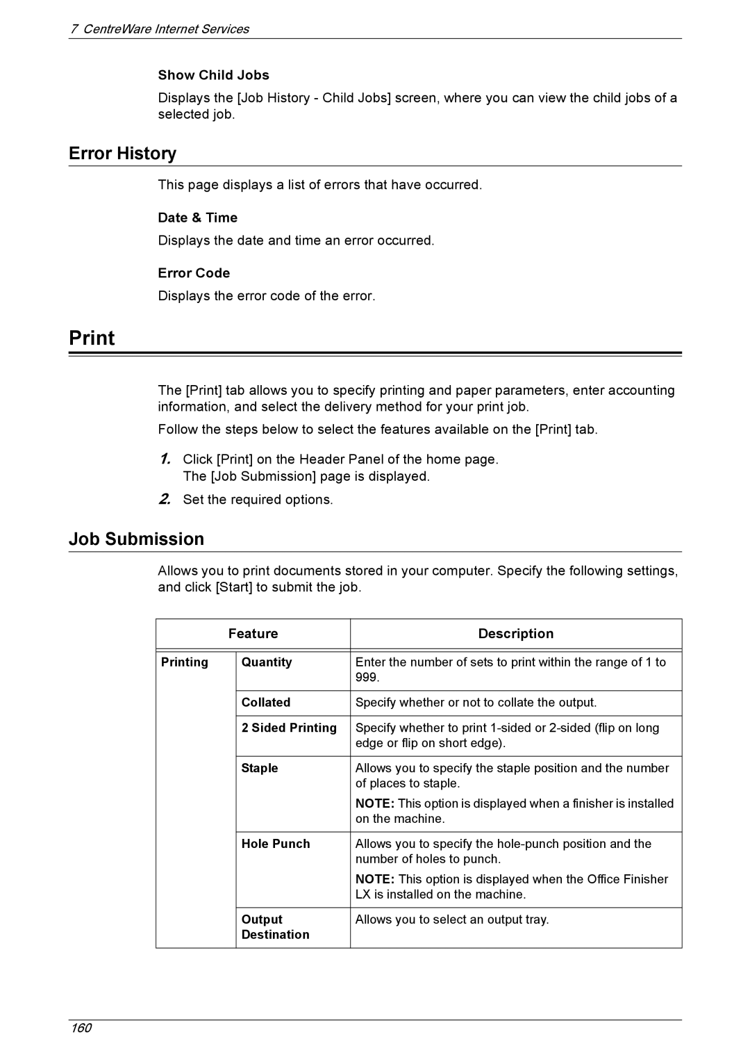 Xerox 5230A, 5225A manual Print, Error History, Job Submission 