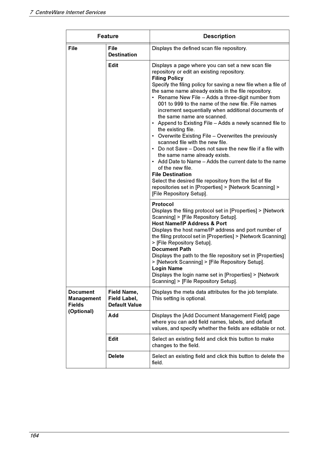 Xerox 5230A Destination Edit, Filing Policy, File Destination, Protocol, Host Name/IP Address & Port, Document Path 