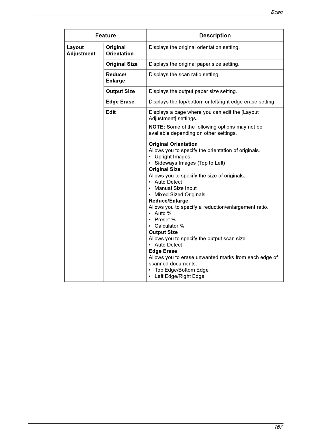 Xerox 5225A Layout Original, Adjustment Orientation Original Size, Enlarge Output Size, Edge Erase, Reduce/Enlarge 