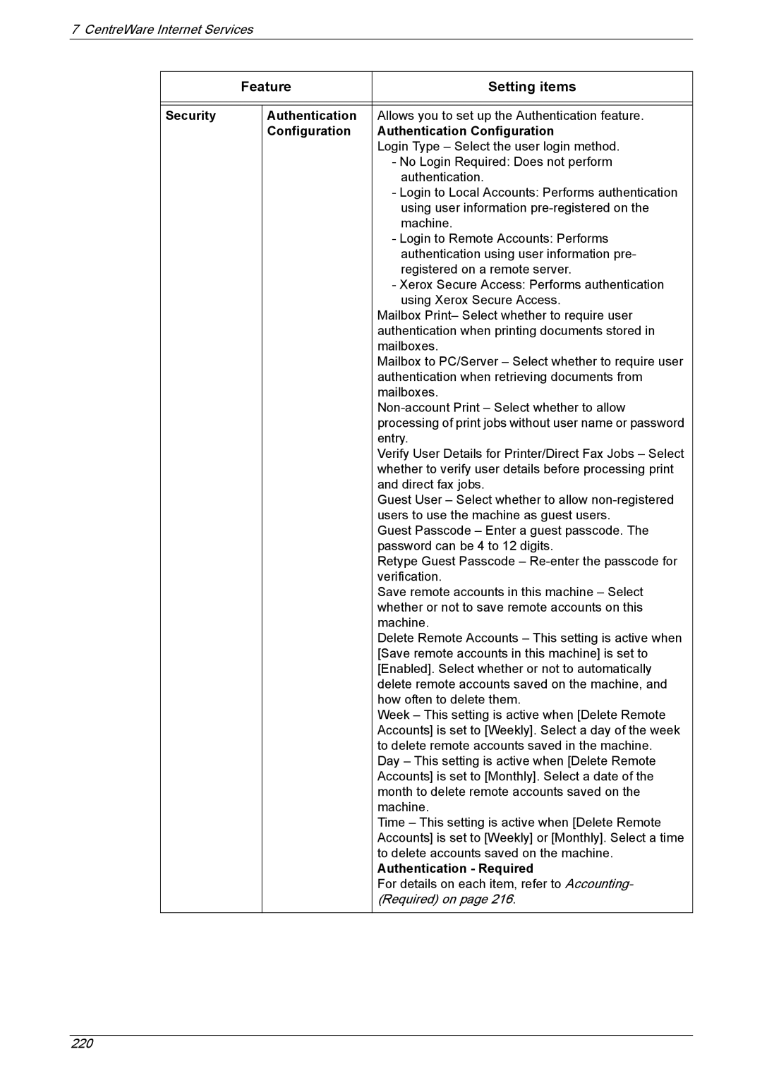 Xerox 5230A, 5225A manual Security Authentication, Configuration Authentication Configuration, Authentication Required 