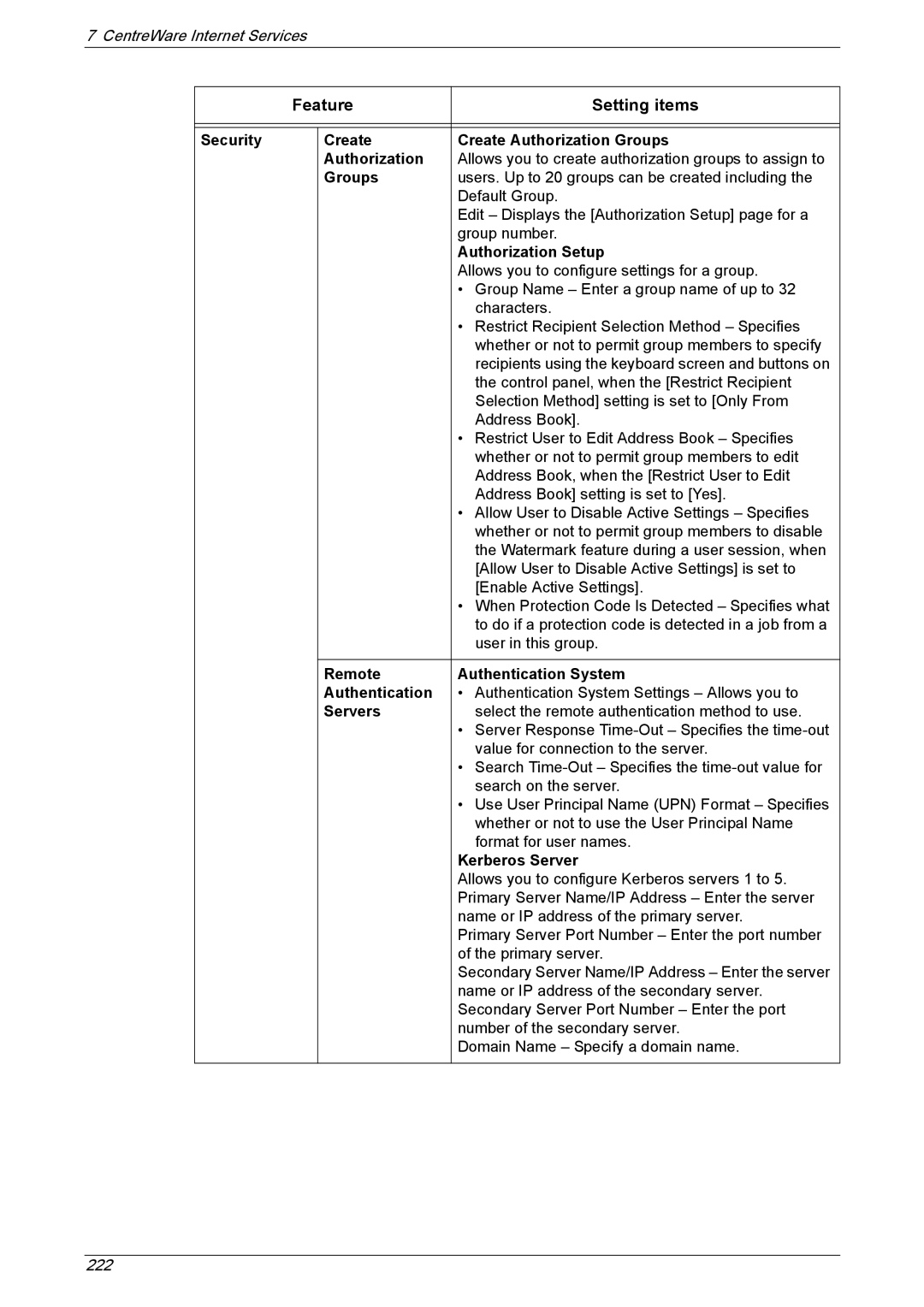 Xerox 5230A, 5225A Security Create Create Authorization Groups, Authorization Setup, Remote Authentication System, Servers 