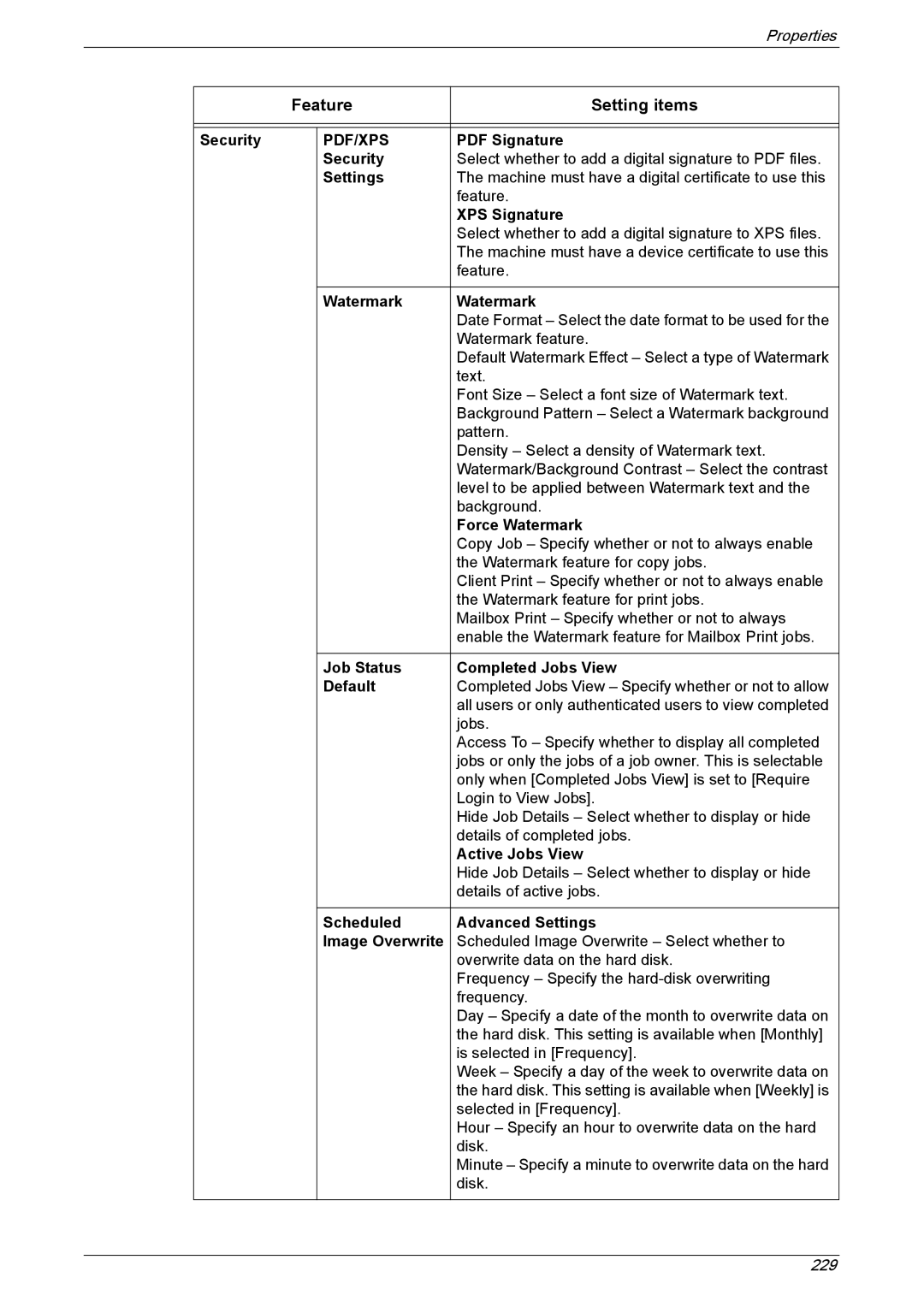 Xerox 5225A, 5230A manual Security Settings 